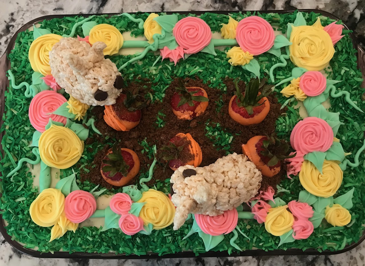 Sheet cake decorated as a garden scene with rice krispie treat bunnies, chocolate crumb dirt, buttercream rosettes, and candied carrot tops